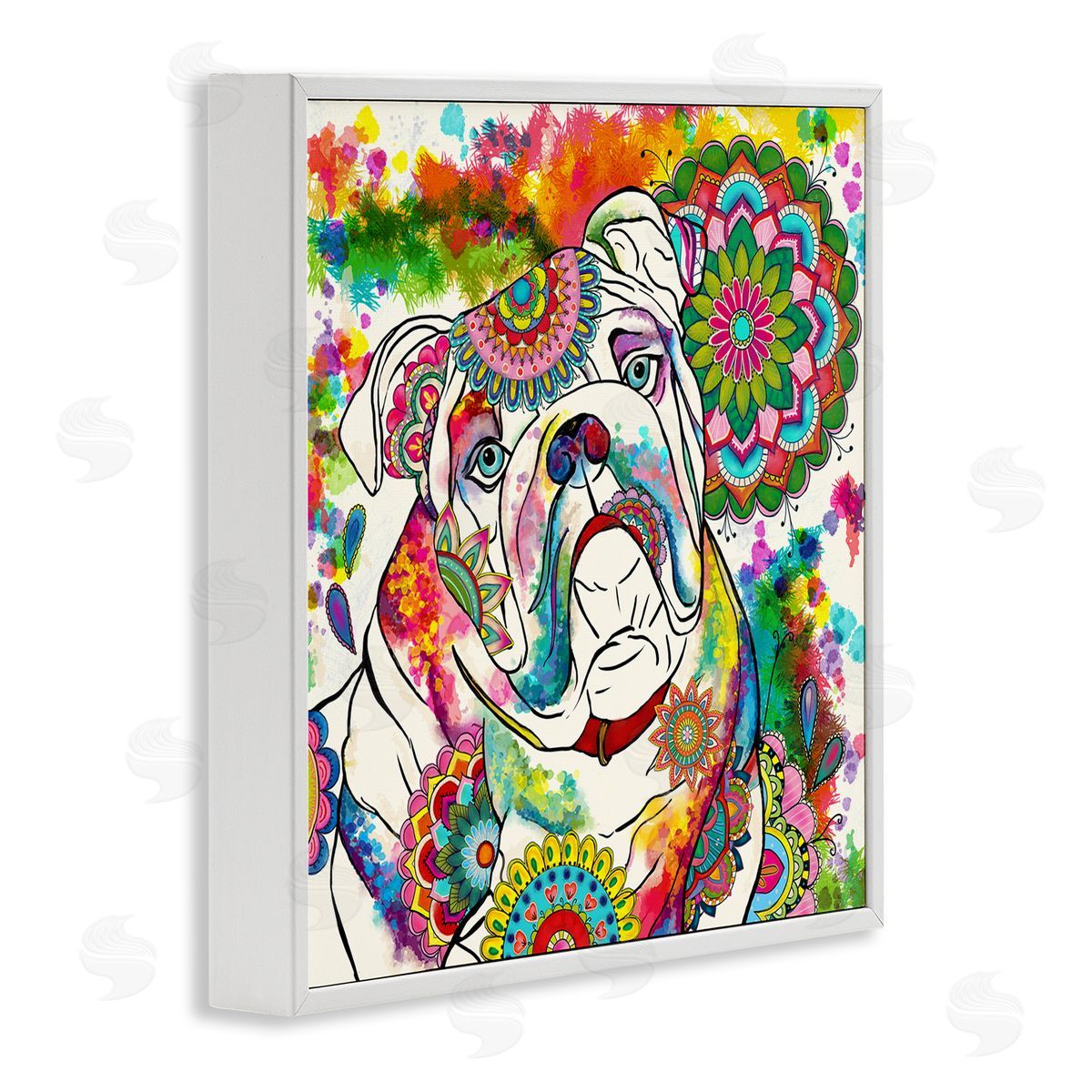 Sangita Bachelet Pet Bulldog Portrait Vibrant Medallion Boho Pattern White Framed Glicee Wall Art Print