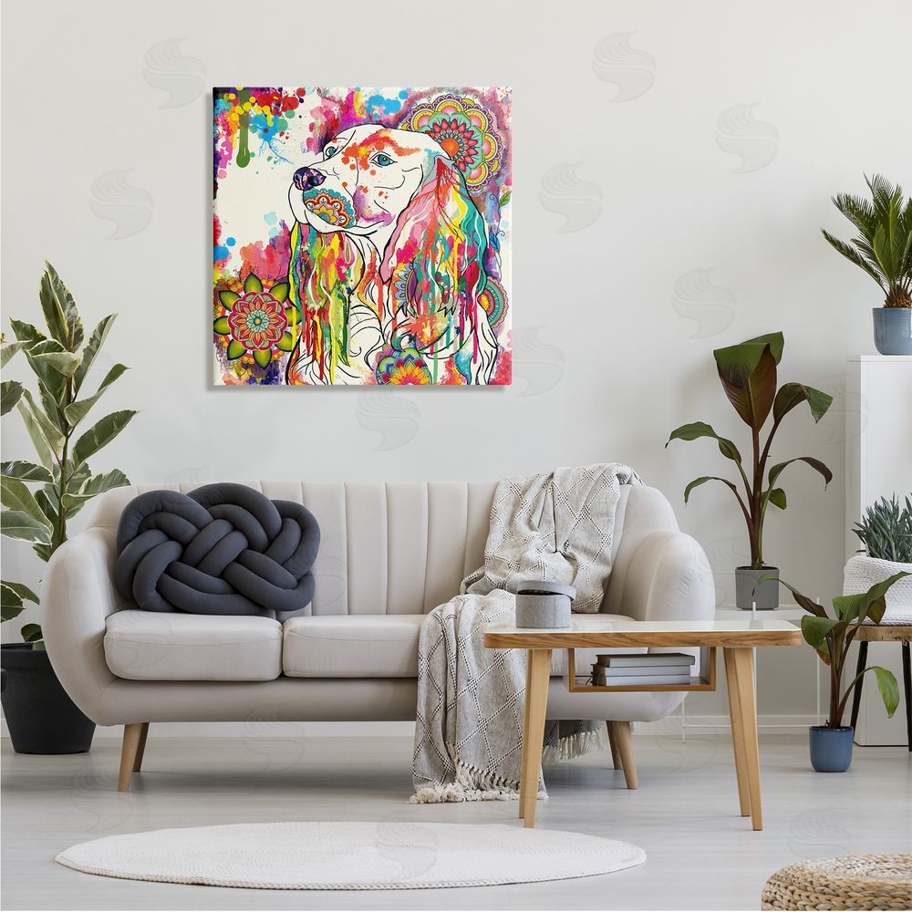 Sangita Bachelet Expressive Spaniel Dog Portrait Vibrant Medallion Boho Pattern Canvas Wall Art in Room