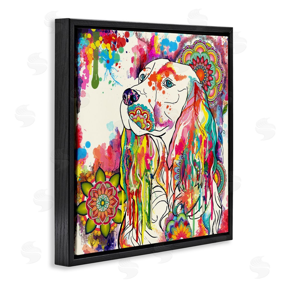 Sangita Bachelet Expressive Spaniel Dog Portrait Vibrant Medallion Boho Pattern Black Floating Frame Canvas Wall Art Print