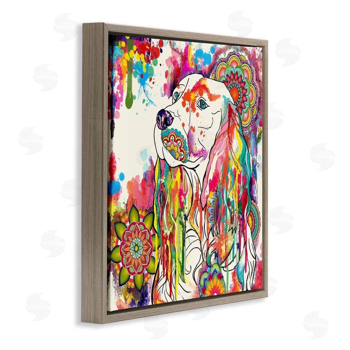 Sangita Bachelet Expressive Spaniel Dog Portrait Vibrant Medallion Boho Pattern Brown Floating Frame Canvas Wall Art Print