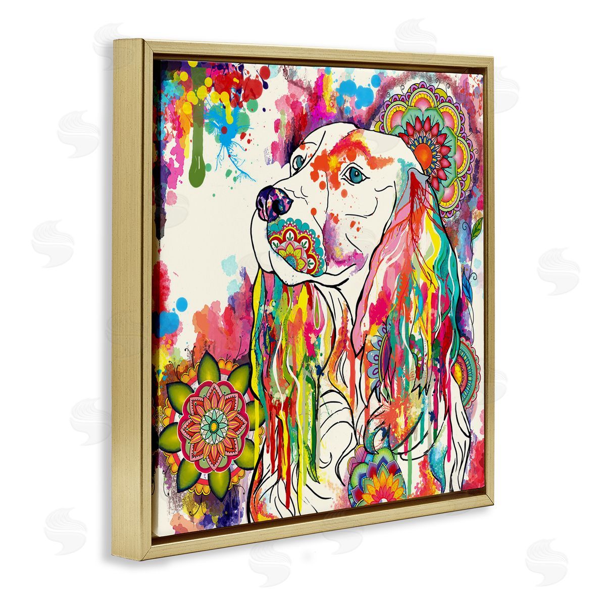 Sangita Bachelet Expressive Spaniel Dog Portrait Vibrant Medallion Boho Pattern Gold Floating Frame Canvas Wall Art Print