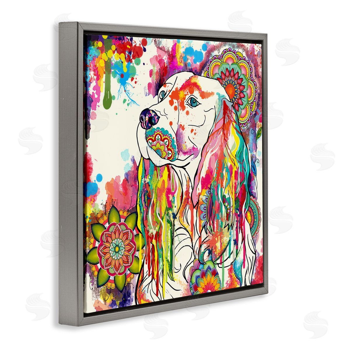 Sangita Bachelet Expressive Spaniel Dog Portrait Vibrant Medallion Boho Pattern Gray Floating Frame Canvas Wall Art Print
