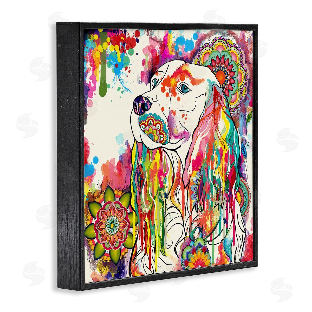 Sangita Bachelet Expressive Spaniel Dog Portrait Vibrant Medallion Boho Pattern Black Framed Glicee Wall Art Print