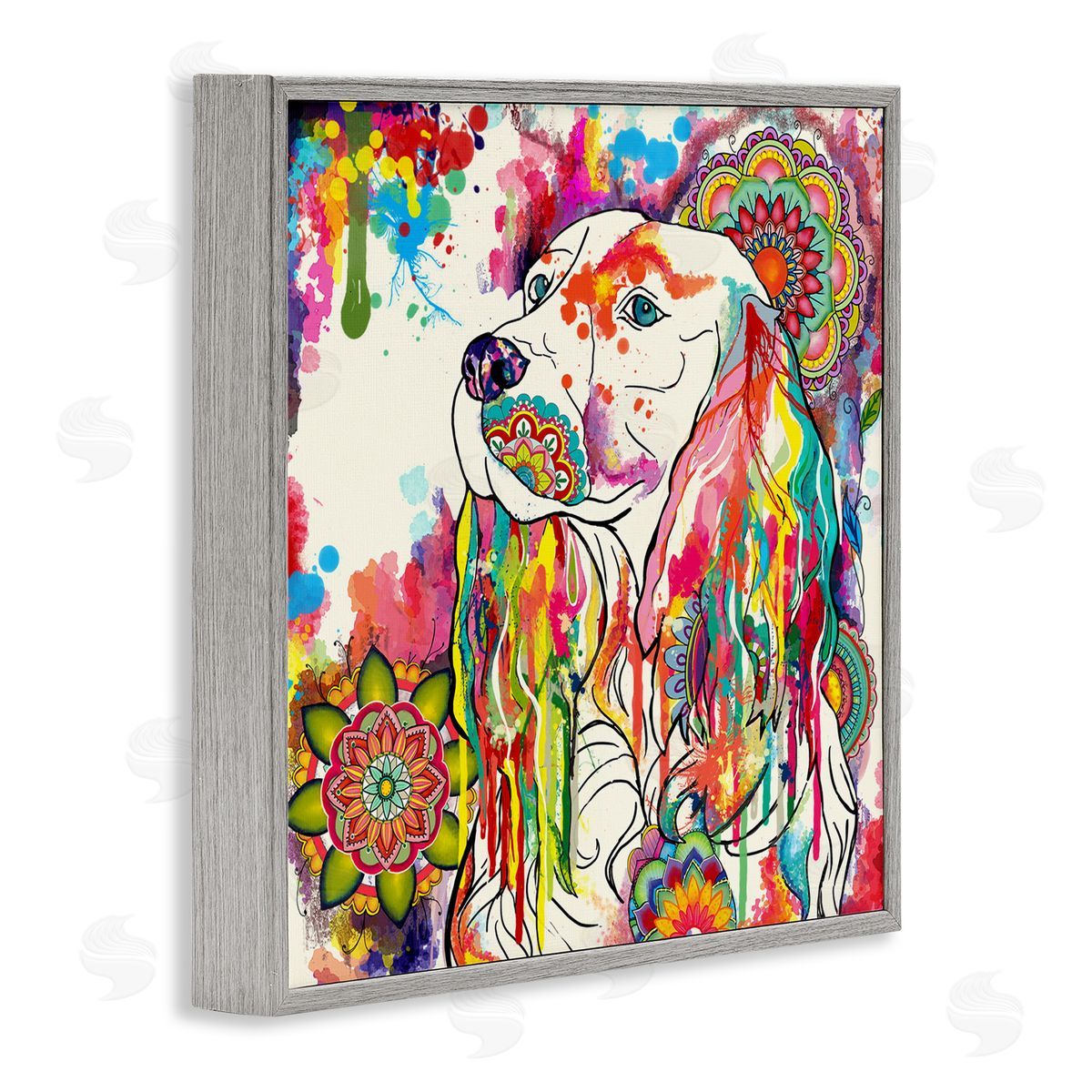 Sangita Bachelet Expressive Spaniel Dog Portrait Vibrant Medallion Boho Pattern Gray Framed Glicee Wall Art Print