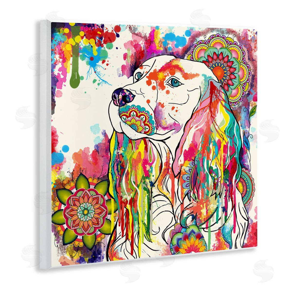 Sangita Bachelet Expressive Spaniel Dog Portrait Vibrant Medallion Boho Pattern Wooden Wall Plaque Art Print