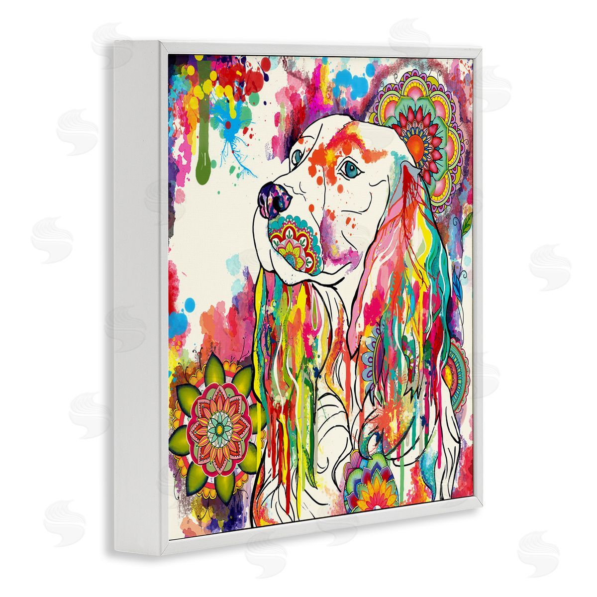 Sangita Bachelet Expressive Spaniel Dog Portrait Vibrant Medallion Boho Pattern White Framed Glicee Wall Art Print