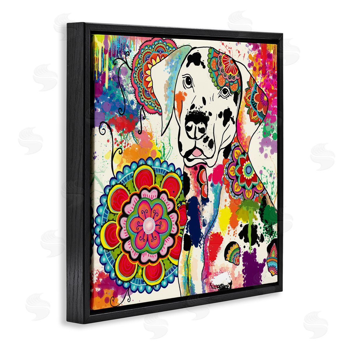 Sangita Bachelet Pet Labrador Dog Portrait Vibrant Boho Medallion Pattern Black Floating Frame Canvas Wall Art Print