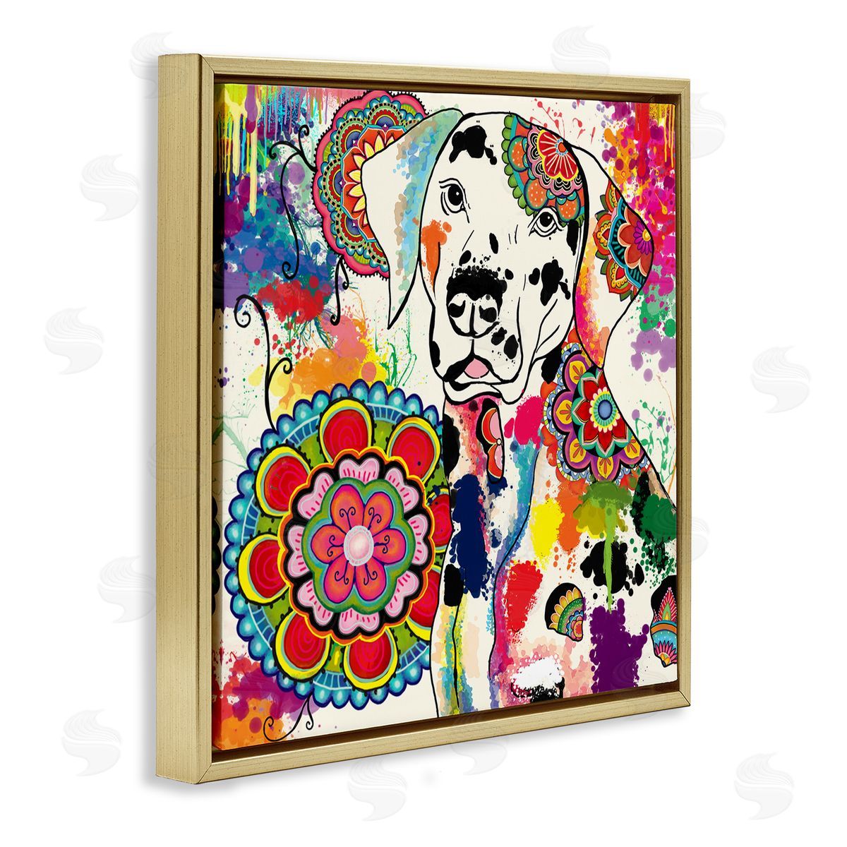 Sangita Bachelet Pet Labrador Dog Portrait Vibrant Boho Medallion Pattern Gold Floating Frame Canvas Wall Art Print