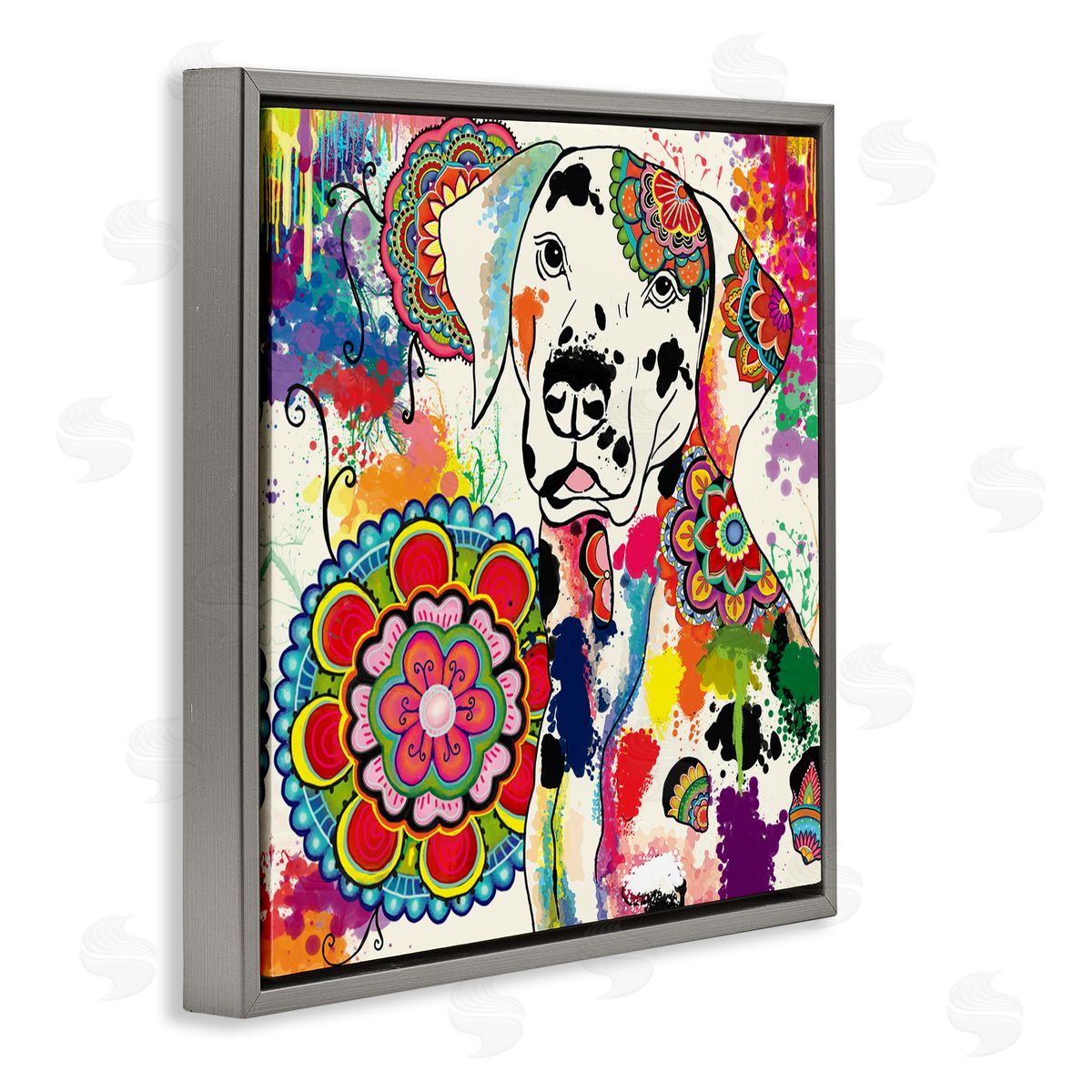 Sangita Bachelet Pet Labrador Dog Portrait Vibrant Boho Medallion Pattern Gray Floating Frame Canvas Wall Art Print