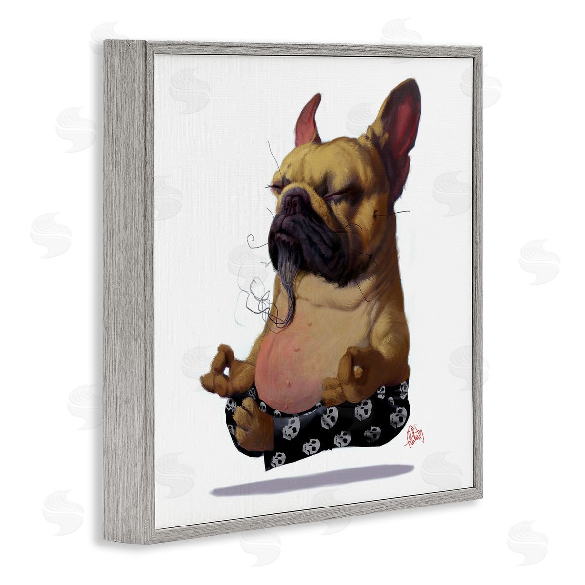 Thomas Fluharty Levitating French Bulldog Urban Dog Meditation Portrait Gray Framed Glicee Wall Art Print