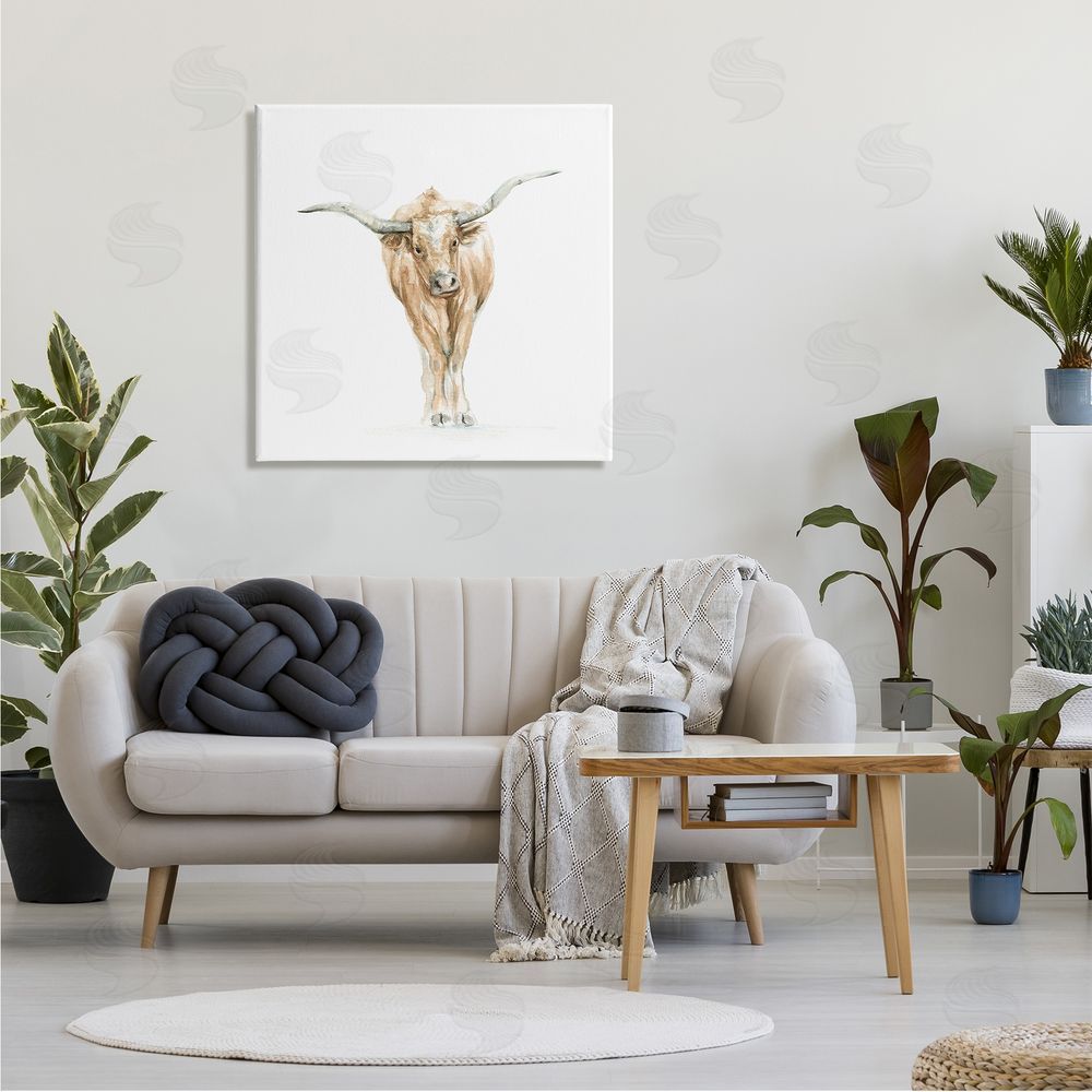 Fox Hollow Studios Longhorn Cattle Watercolor Portrait Children's Wild Animal Canvas Wall Art in Room