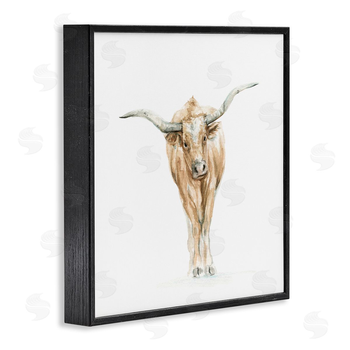 Fox Hollow Studios Longhorn Cattle Watercolor Portrait Children's Wild Animal Black Framed Glicee Wall Art Print