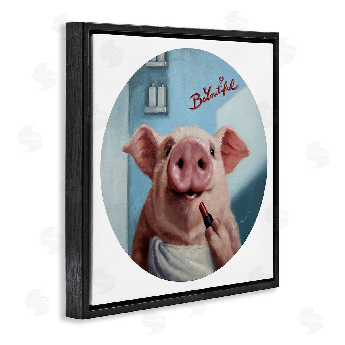 Lucia Heffernan Be-You-Tiful Pink Pig in Towel Lipstick Big Snout Black Floating Frame Canvas Wall Art Print