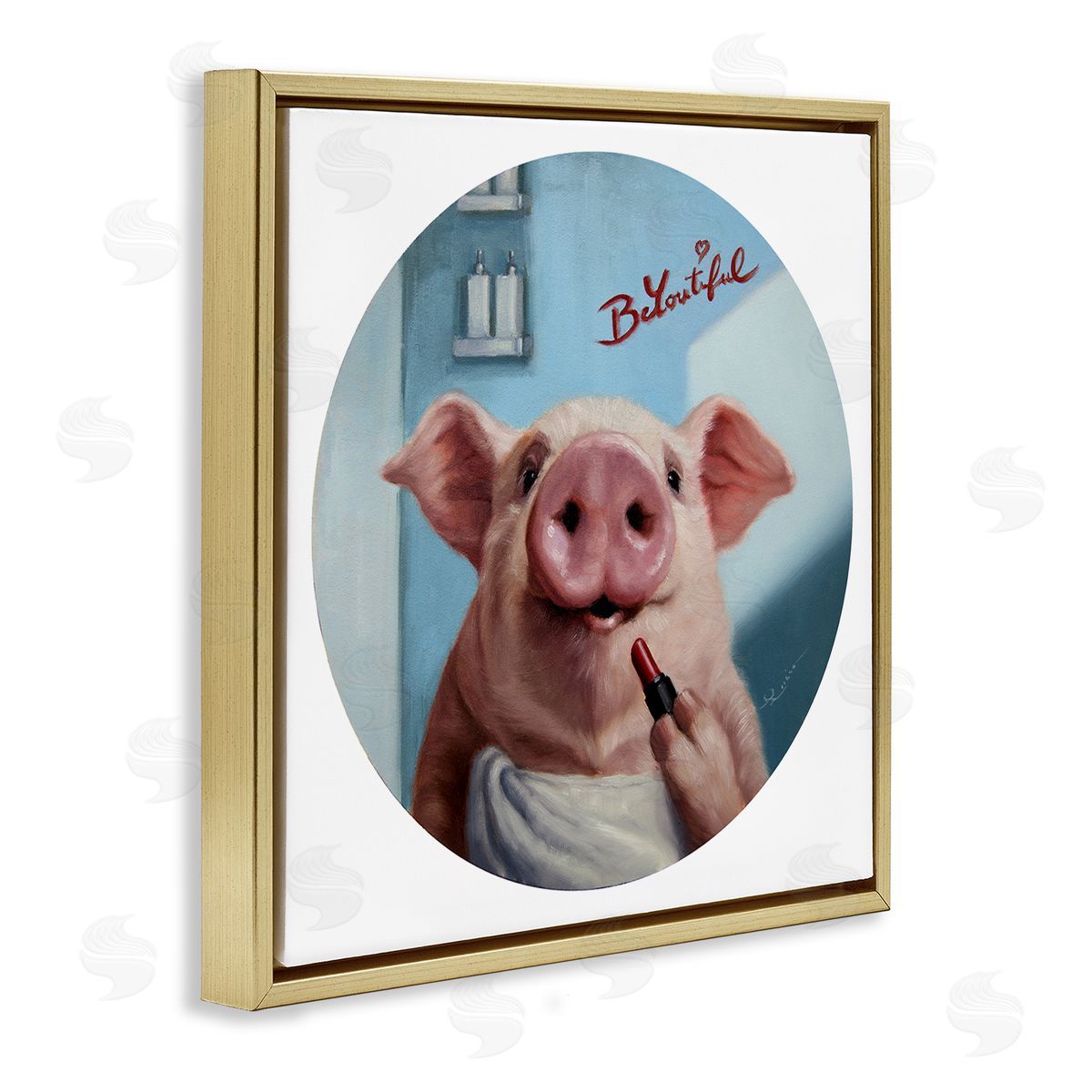 Lucia Heffernan Be-You-Tiful Pink Pig in Towel Lipstick Big Snout Gold Floating Frame Canvas Wall Art Print