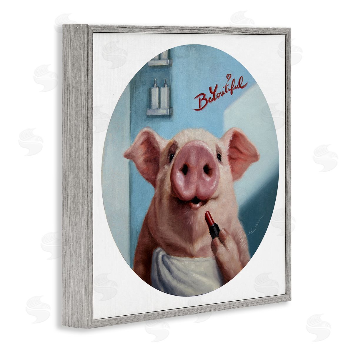 Lucia Heffernan Be-You-Tiful Pink Pig in Towel Lipstick Big Snout Gray Framed Glicee Wall Art Print