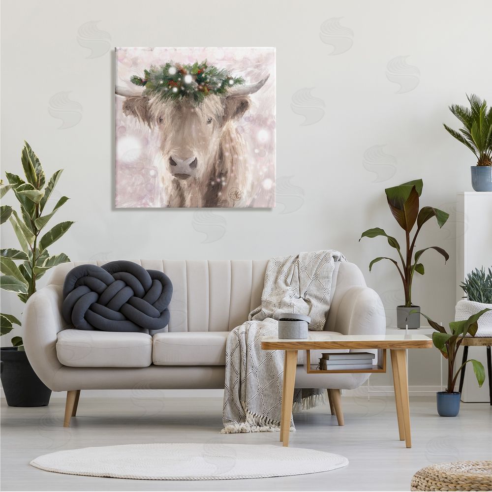 Sarah Butcher Winter Holiday Crown Cattle Abstract Pink Glimmer Pattern Canvas Wall Art in Room