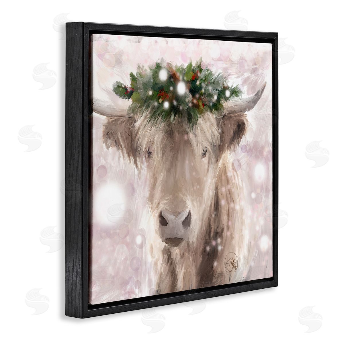 Sarah Butcher Winter Holiday Crown Cattle Abstract Pink Glimmer Pattern Black Floating Frame Canvas Wall Art Print