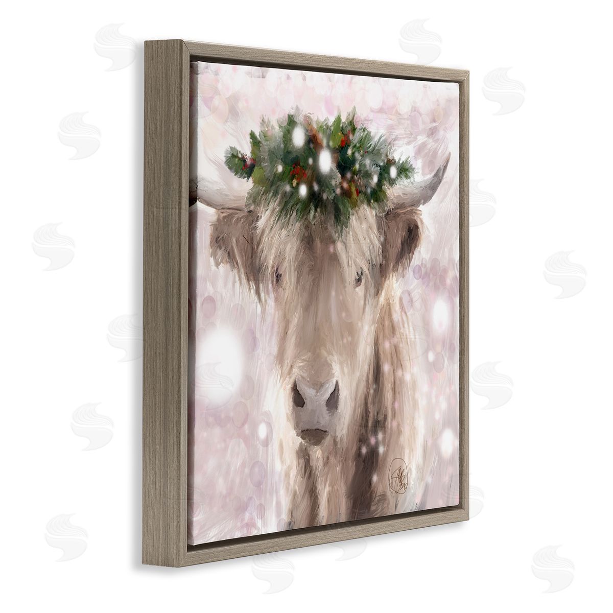 Sarah Butcher Winter Holiday Crown Cattle Abstract Pink Glimmer Pattern Brown Floating Frame Canvas Wall Art Print