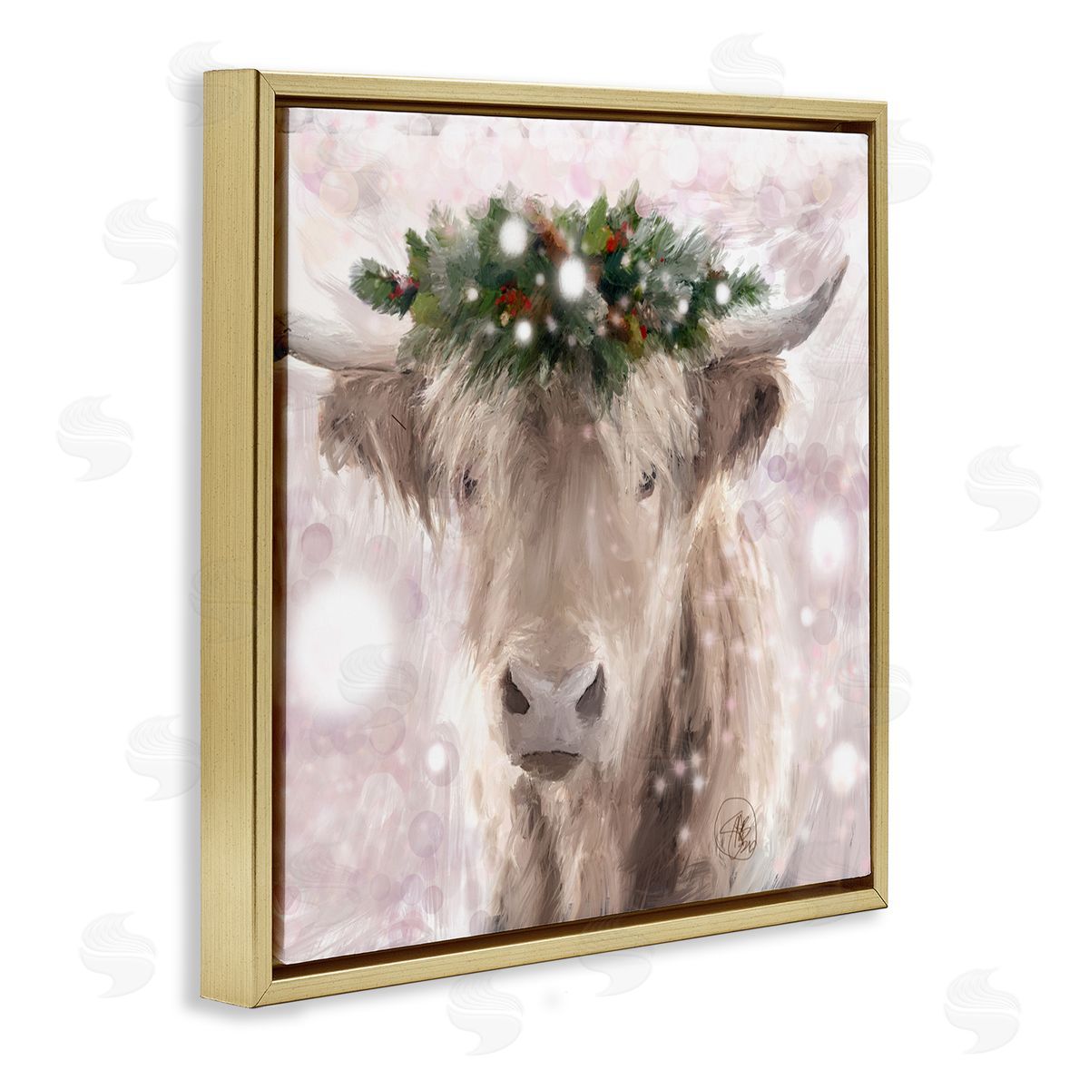 Sarah Butcher Winter Holiday Crown Cattle Abstract Pink Glimmer Pattern Gold Floating Frame Canvas Wall Art Print