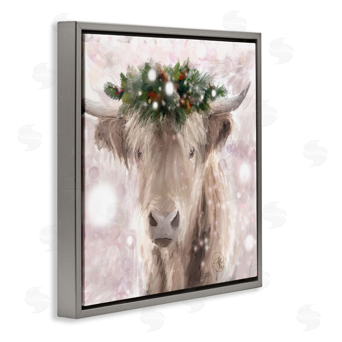 Sarah Butcher Winter Holiday Crown Cattle Abstract Pink Glimmer Pattern Gray Floating Frame Canvas Wall Art Print