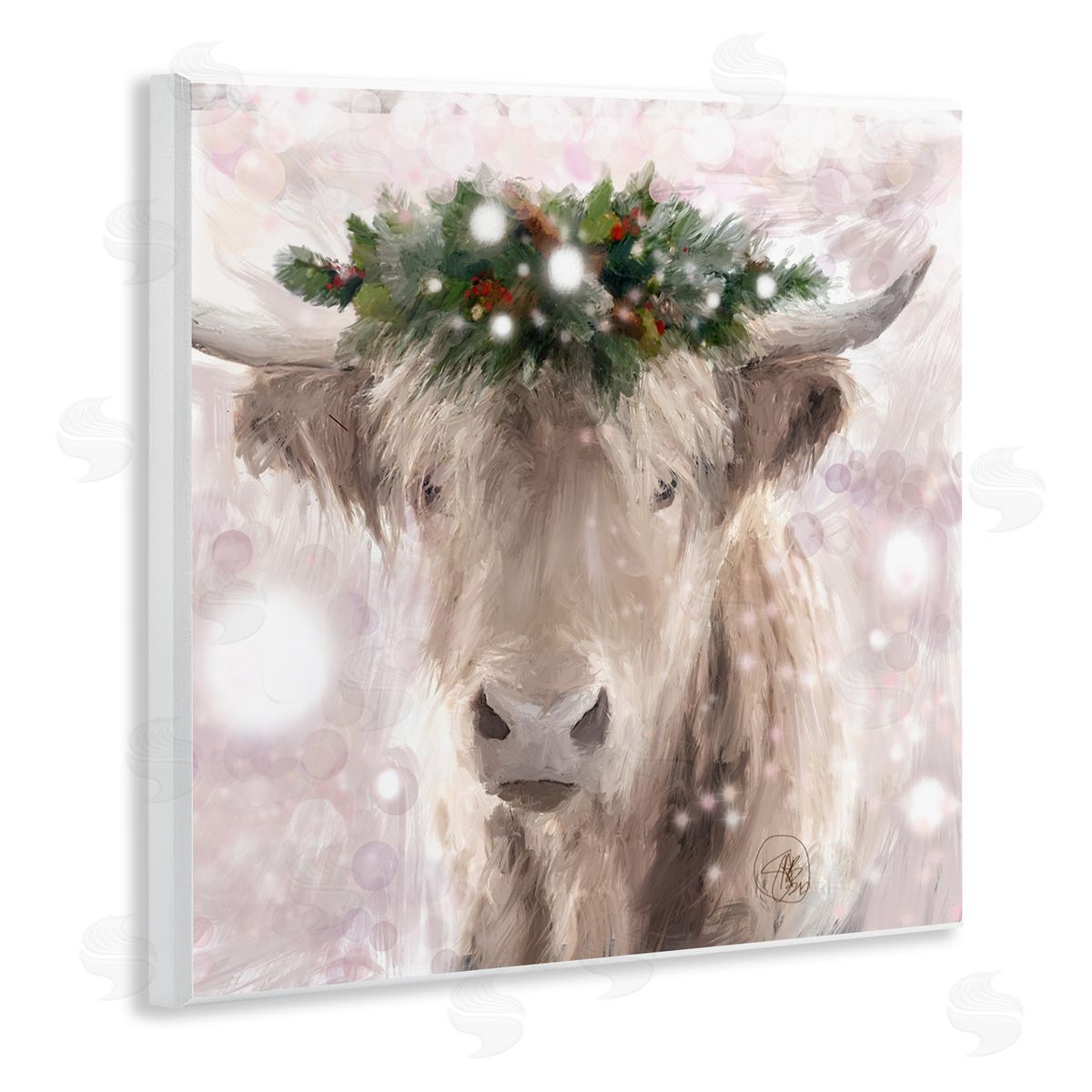Sarah Butcher Winter Holiday Crown Cattle Abstract Pink Glimmer Pattern Wooden Wall Plaque Art Print