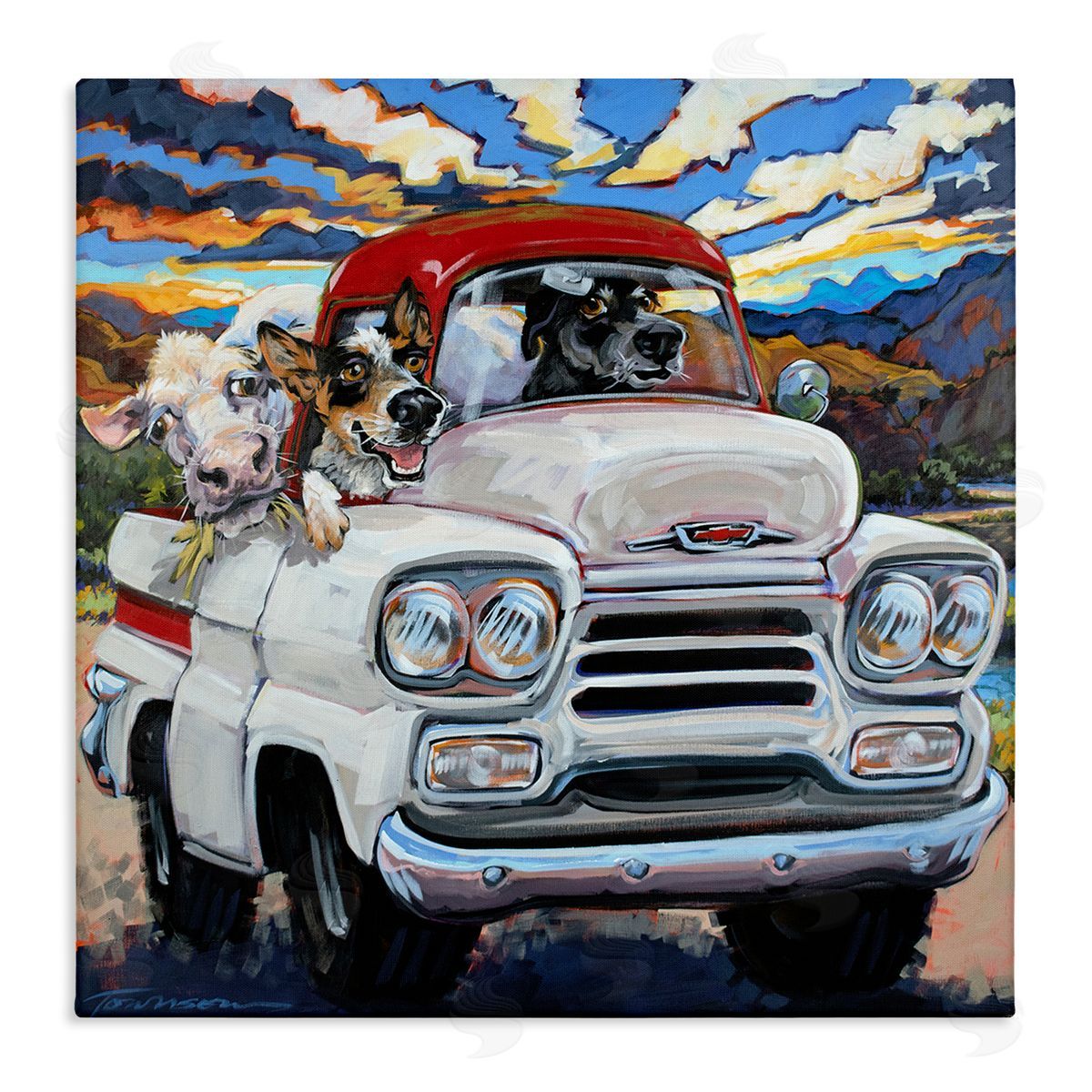CR Townsend Cattle Dogs Driving Rustic Truck Southwestern Farm Cow Stretched Canvas Wall Art Print