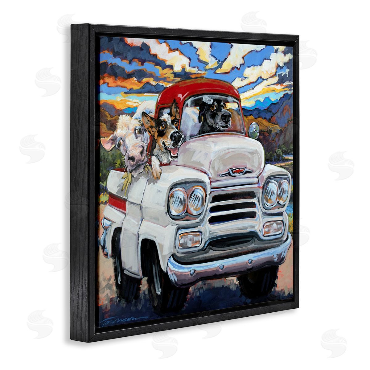 CR Townsend Cattle Dogs Driving Rustic Truck Southwestern Farm Cow Black Floating Frame Canvas Wall Art Print