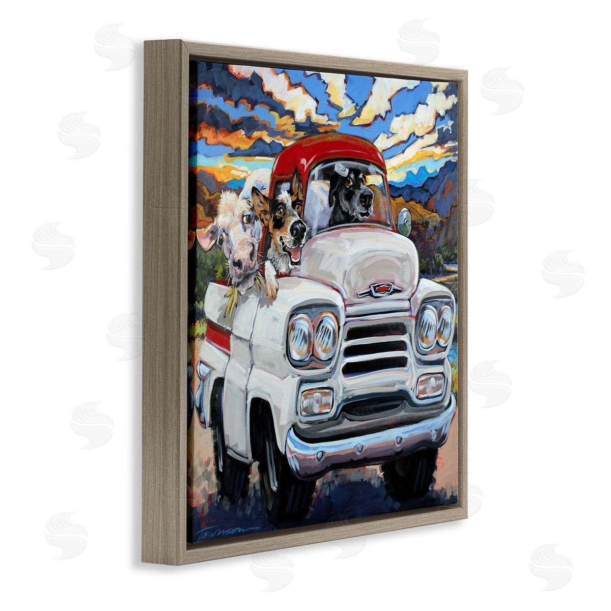 CR Townsend Cattle Dogs Driving Rustic Truck Southwestern Farm Cow Brown Floating Frame Canvas Wall Art Print