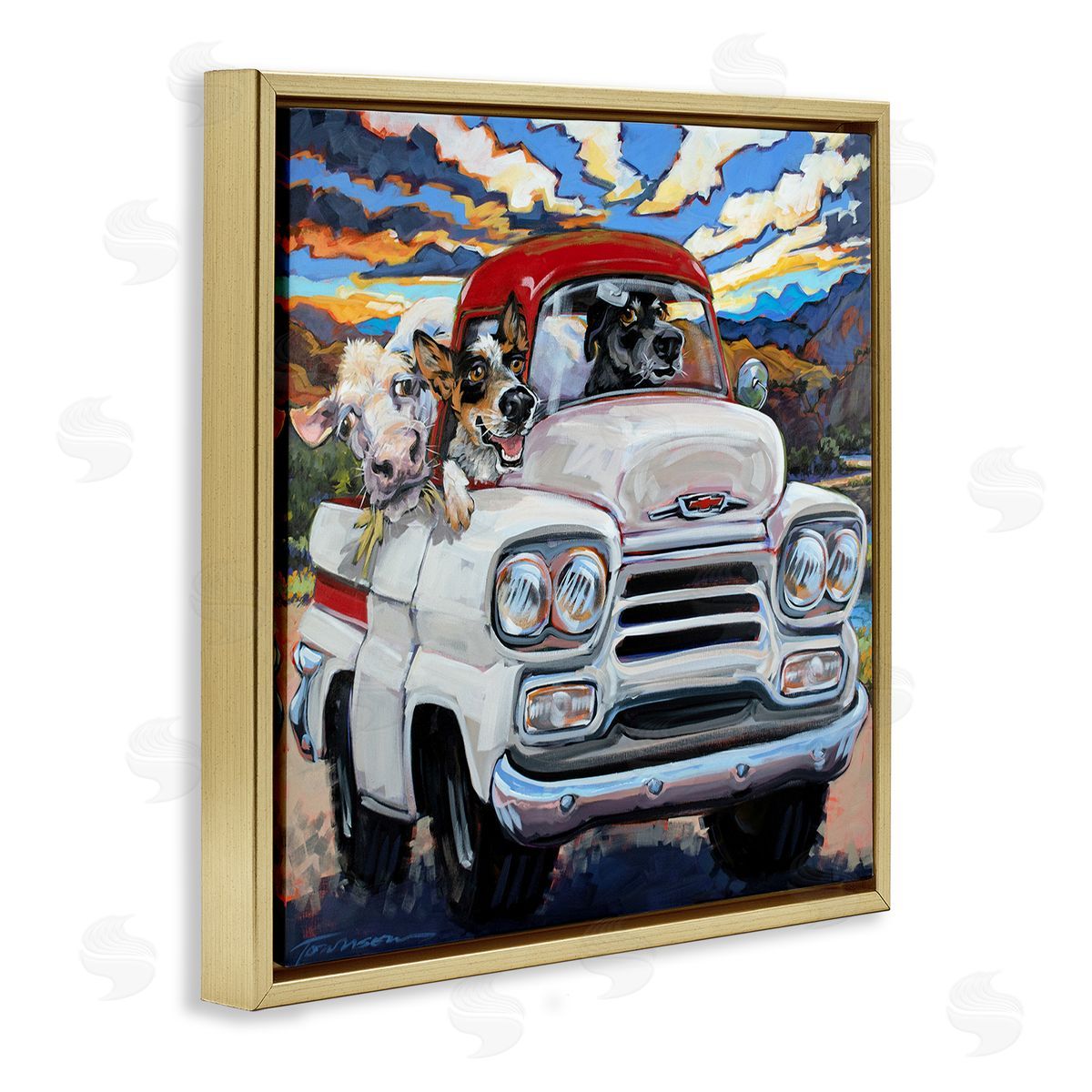CR Townsend Cattle Dogs Driving Rustic Truck Southwestern Farm Cow Gold Floating Frame Canvas Wall Art Print