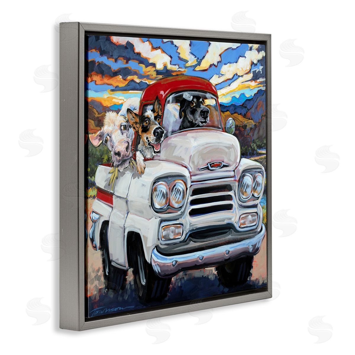 CR Townsend Cattle Dogs Driving Rustic Truck Southwestern Farm Cow Gray Floating Frame Canvas Wall Art Print
