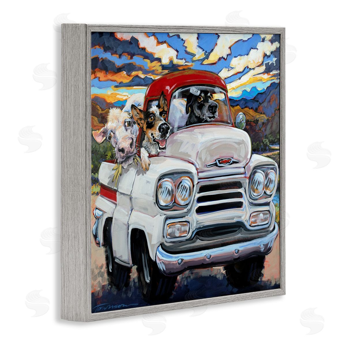 CR Townsend Cattle Dogs Driving Rustic Truck Southwestern Farm Cow Gray Framed Glicee Wall Art Print