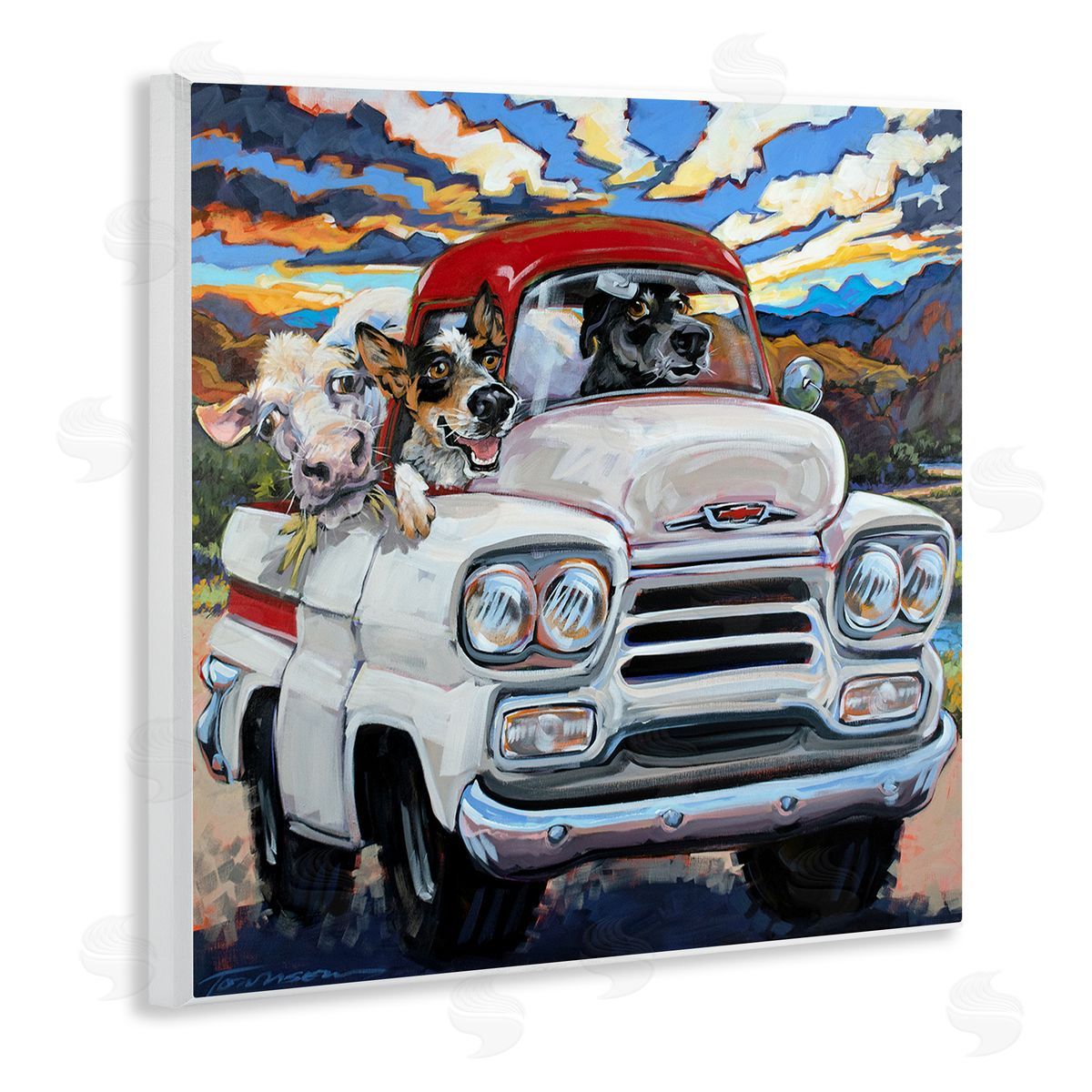 CR Townsend Cattle Dogs Driving Rustic Truck Southwestern Farm Cow Wooden Wall Plaque Art Print
