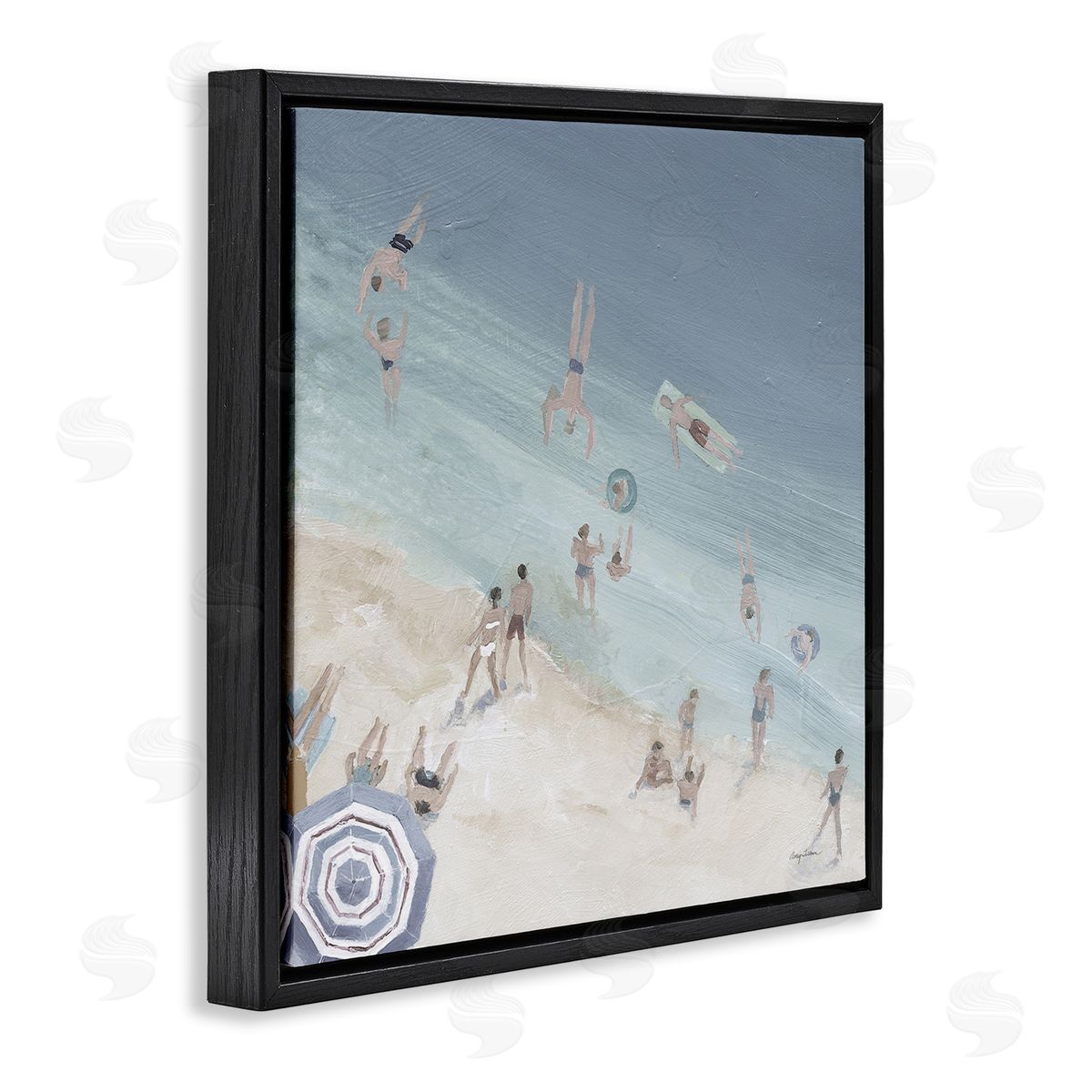 Avery Tillmon Muted Blue Aerial Beach Scene Ocean Coast Crowd Black Floating Frame Canvas Wall Art Print