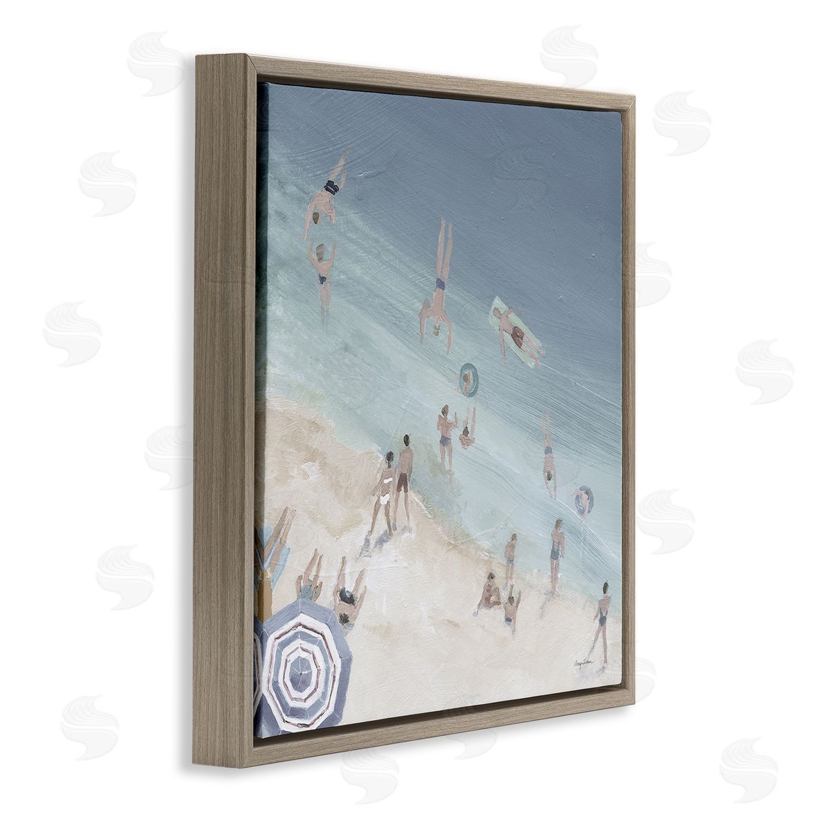 Avery Tillmon Muted Blue Aerial Beach Scene Ocean Coast Crowd Brown Floating Frame Canvas Wall Art Print