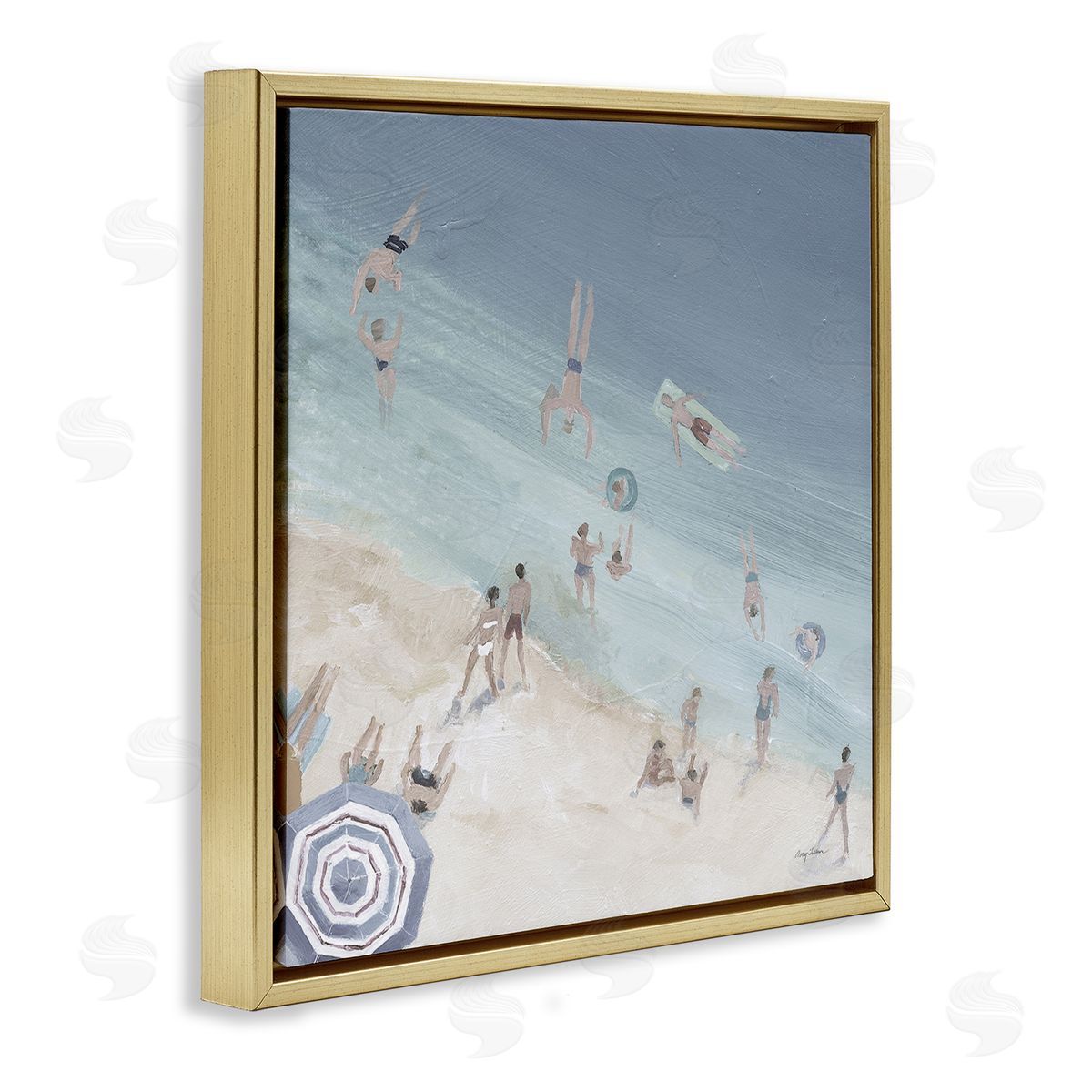 Avery Tillmon Muted Blue Aerial Beach Scene Ocean Coast Crowd Gold Floating Frame Canvas Wall Art Print