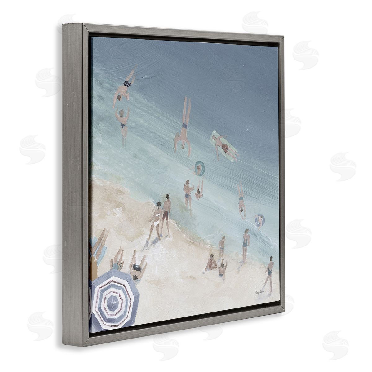 Avery Tillmon Muted Blue Aerial Beach Scene Ocean Coast Crowd Gray Floating Frame Canvas Wall Art Print