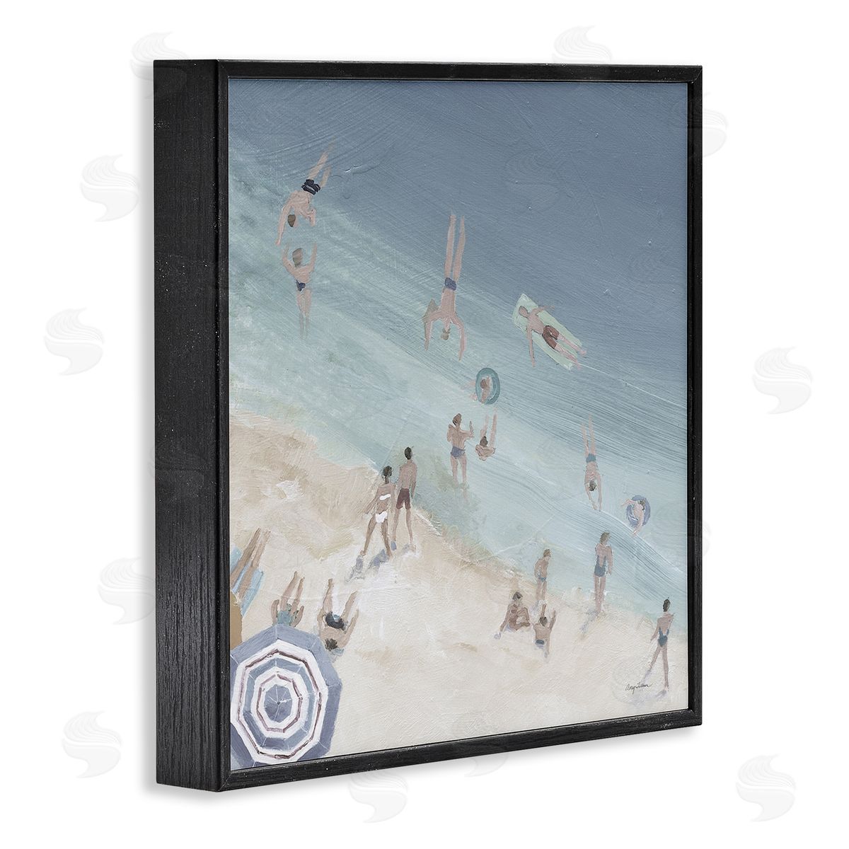 Avery Tillmon Muted Blue Aerial Beach Scene Ocean Coast Crowd Black Framed Glicee Wall Art Print