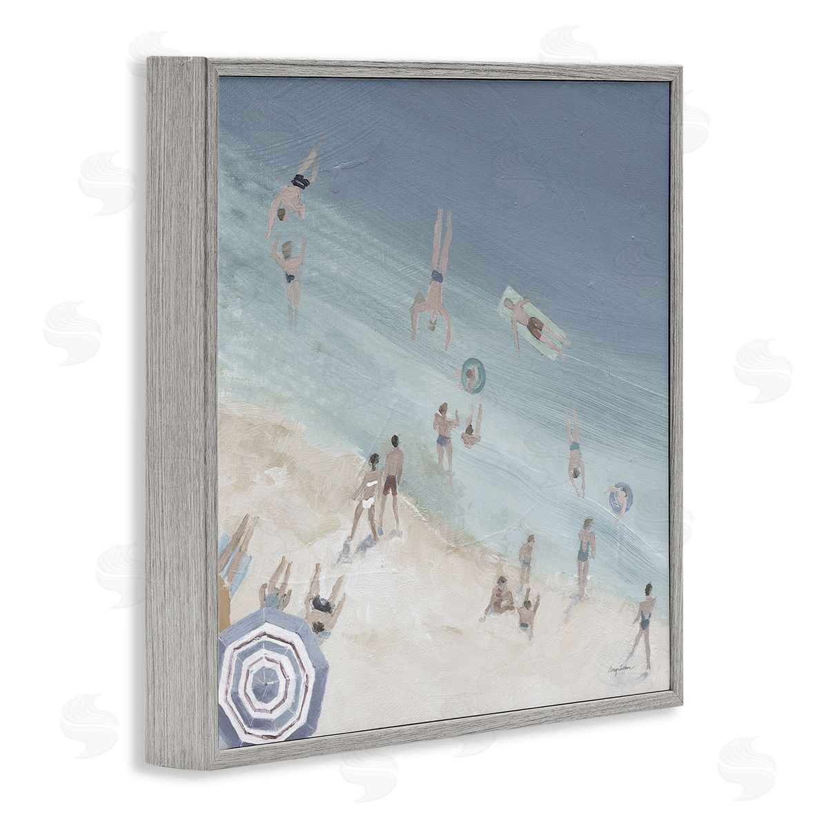 Avery Tillmon Muted Blue Aerial Beach Scene Ocean Coast Crowd Gray Framed Glicee Wall Art Print