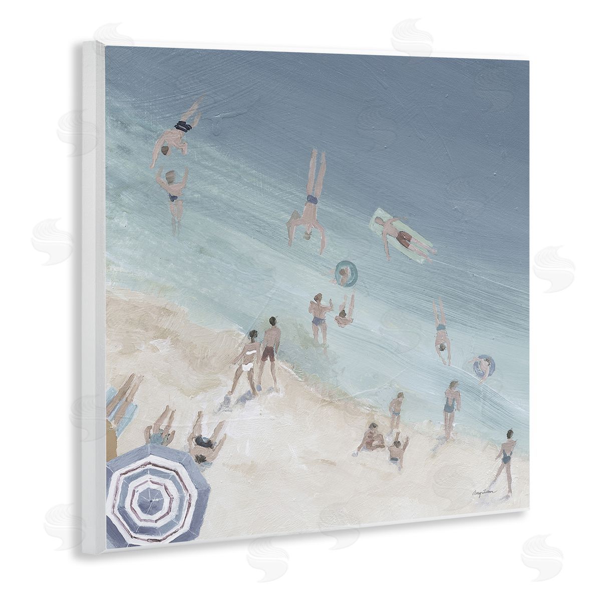 Avery Tillmon Muted Blue Aerial Beach Scene Ocean Coast Crowd Wooden Wall Plaque Art Print