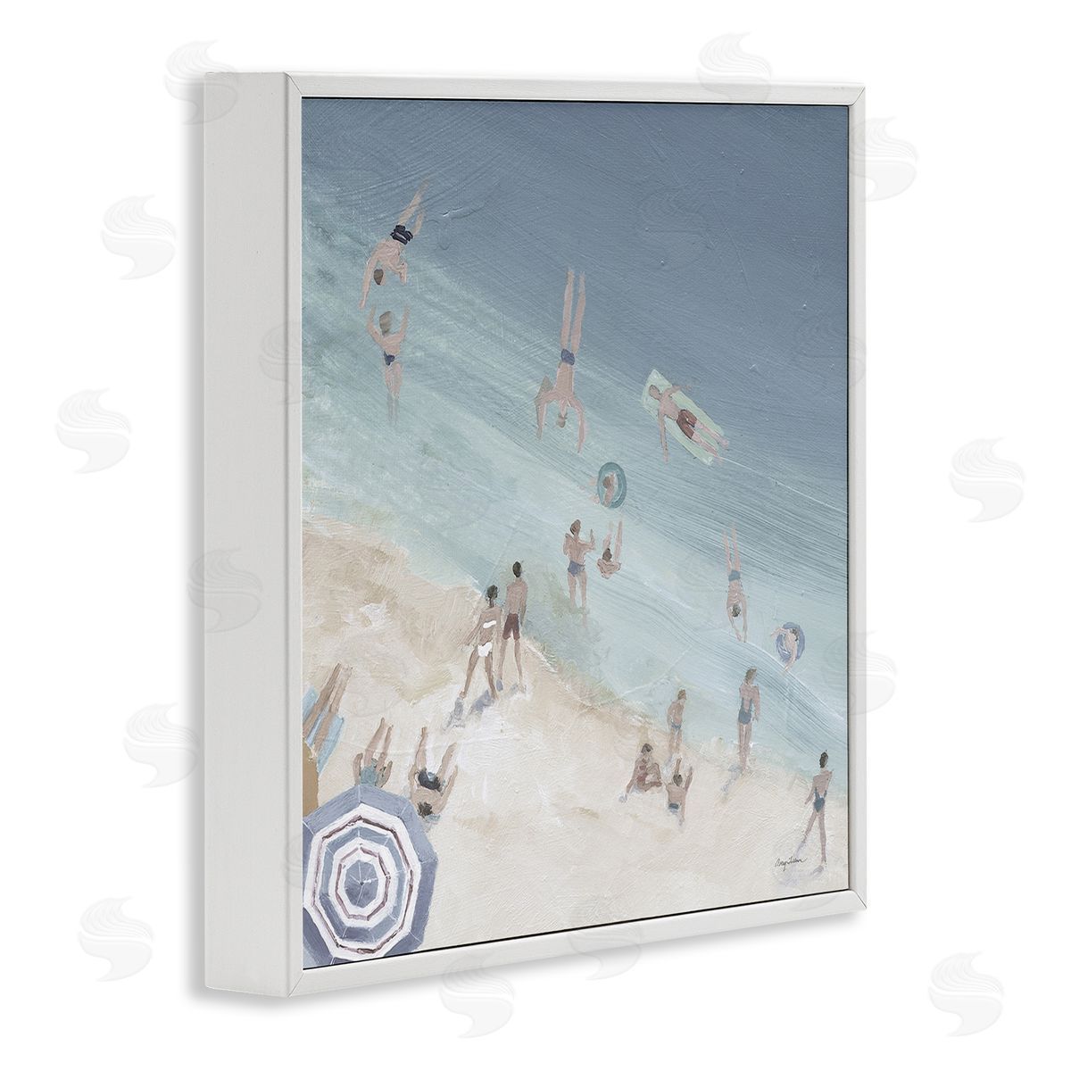 Avery Tillmon Muted Blue Aerial Beach Scene Ocean Coast Crowd White Framed Glicee Wall Art Print