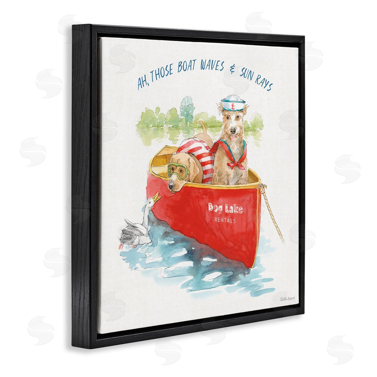 Beth Grove Boat Waves Sun Rays Lake Phrase Sailor Dogs Black Floating Frame Canvas Wall Art Print