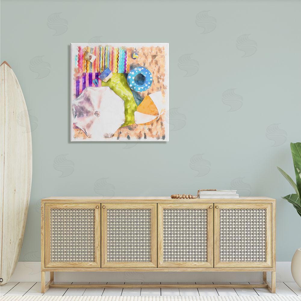 Alonzo Saunders Tropical Beach Lounge Scene Summer Umbrellas Floats Towels Canvas Wall Art in Room