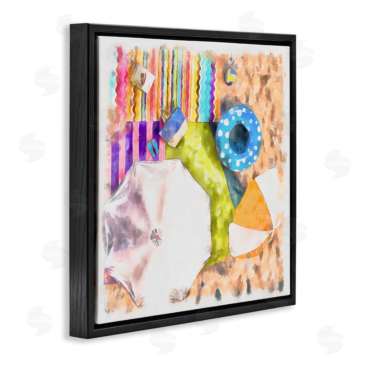 Alonzo Saunders Tropical Beach Lounge Scene Summer Umbrellas Floats Towels Black Floating Frame Canvas Wall Art Print