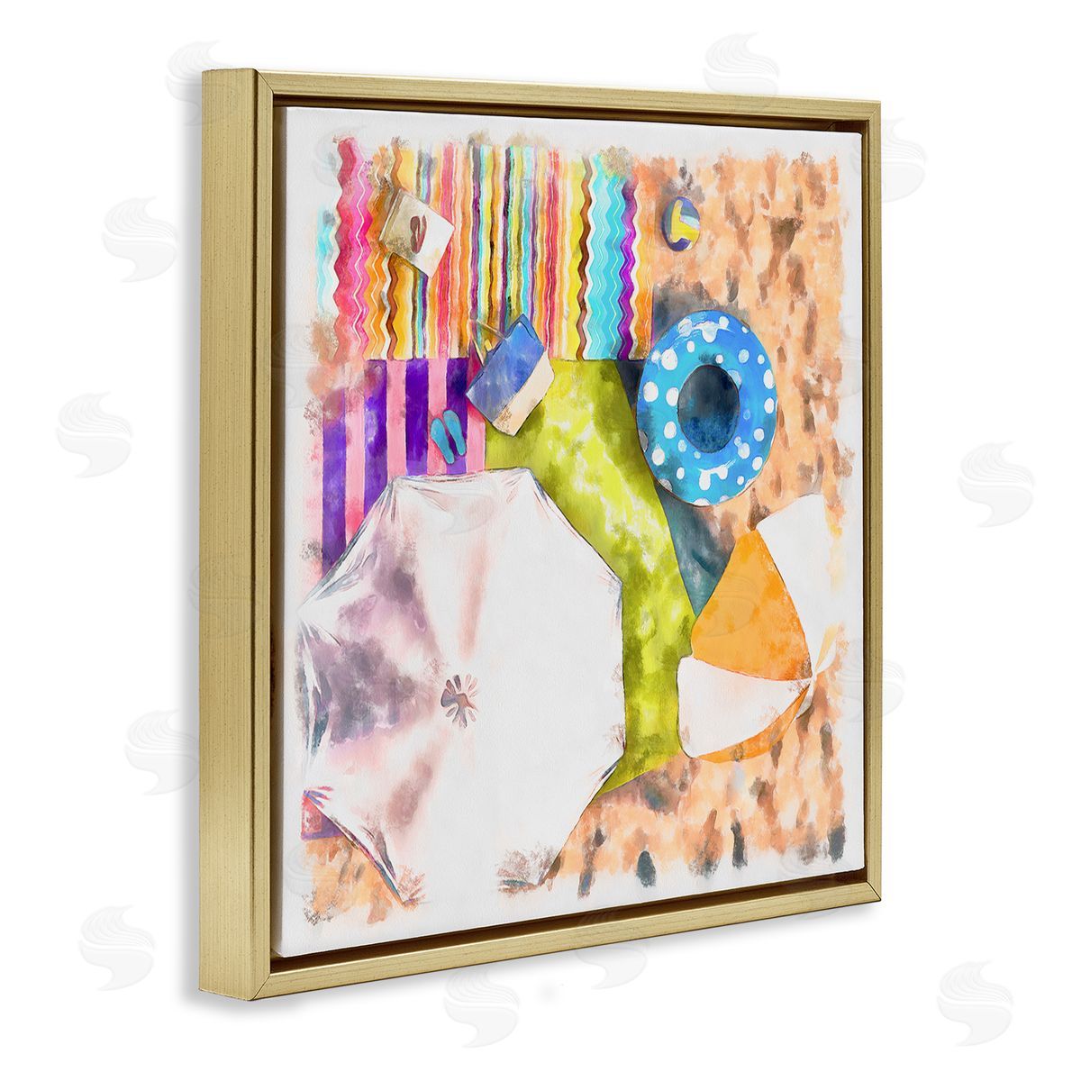 Alonzo Saunders Tropical Beach Lounge Scene Summer Umbrellas Floats Towels Gold Floating Frame Canvas Wall Art Print