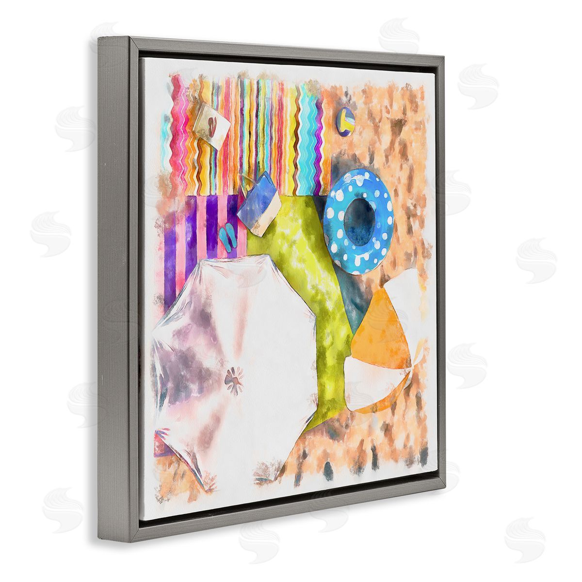 Alonzo Saunders Tropical Beach Lounge Scene Summer Umbrellas Floats Towels Gray Floating Frame Canvas Wall Art Print