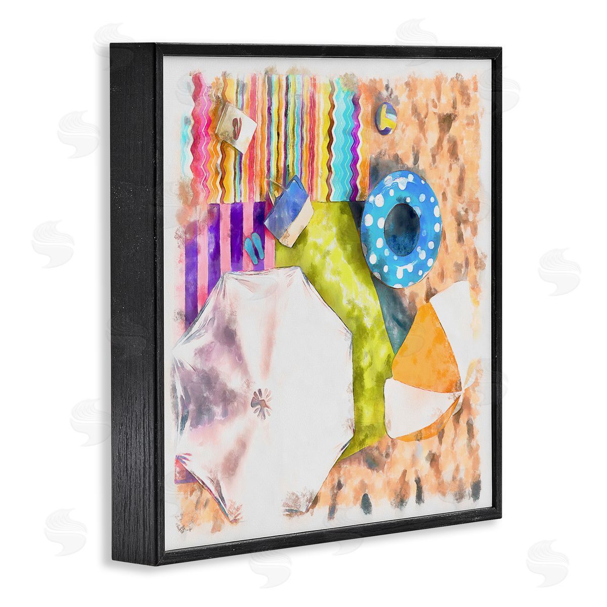 Alonzo Saunders Tropical Beach Lounge Scene Summer Umbrellas Floats Towels Black Framed Glicee Wall Art Print