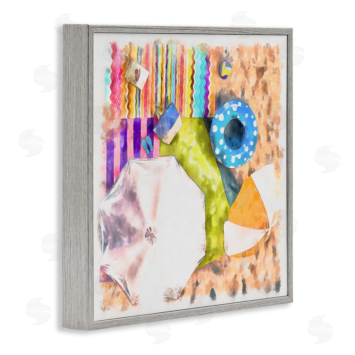 Alonzo Saunders Tropical Beach Lounge Scene Summer Umbrellas Floats Towels Gray Framed Glicee Wall Art Print