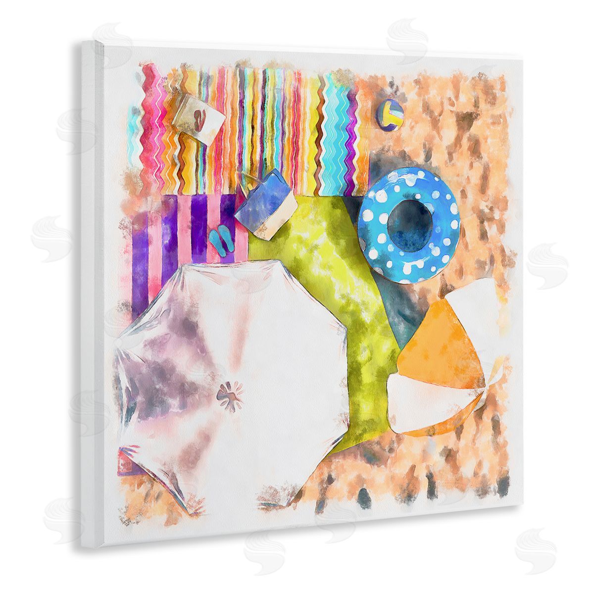 Alonzo Saunders Tropical Beach Lounge Scene Summer Umbrellas Floats Towels Wooden Wall Plaque Art Print