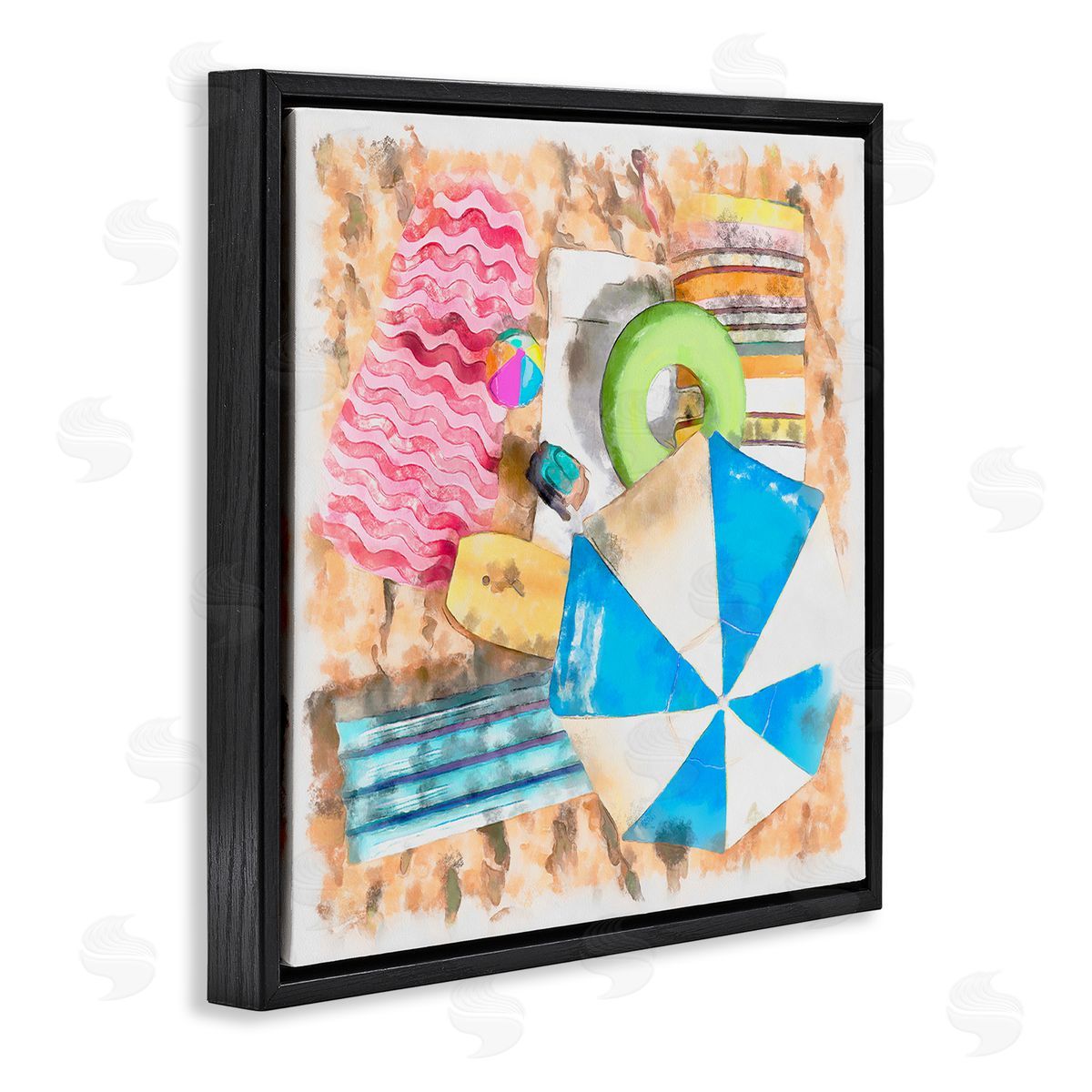 Alonzo Saunders Tropical Summer Beach Lounge Towel Umbrella Floats Black Floating Frame Canvas Wall Art Print