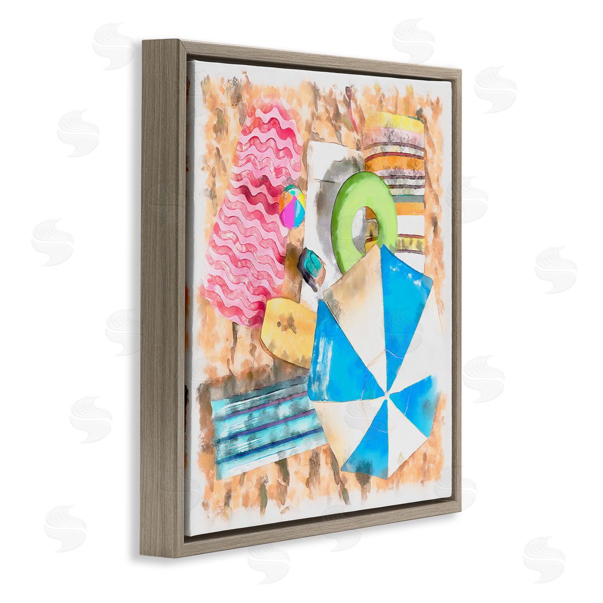 Alonzo Saunders Tropical Summer Beach Lounge Towel Umbrella Floats Brown Floating Frame Canvas Wall Art Print